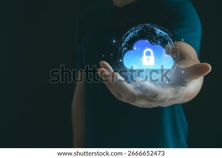 Cloud security technology concept showing a glowing digital lock on cloud icon, symbolizing data protection, privacy, secure storage and safe network access in modern cloud computing. Cybersecurity.
