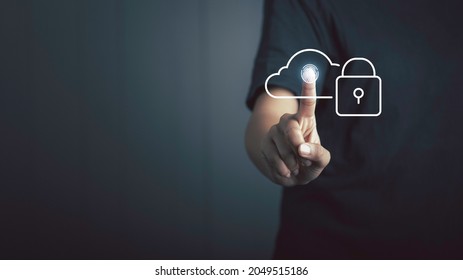 Cloud security technology protection concept. Finger scan Cloud with Padlock icon, Upload backup data on the cloud keep for privacy database.
