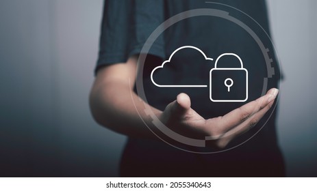 Cloud security technology protection concept. Hand hold Cloud with Padlock icon,  Upload backup data on the cloud keep for privacy database.