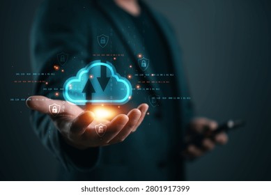 Cloud security technology with secure cloud storage, encrypted data transfer, cloud computing, backup protection, cybersecurity, digital infrastructure, and enterprise network security concept.