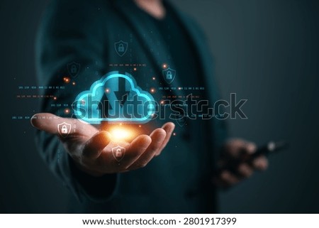 Cloud security technology with secure cloud storage, encrypted data transfer, cloud computing, backup protection, cybersecurity, digital infrastructure, and enterprise network security concept.