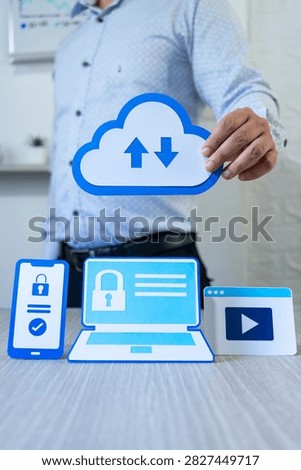 Cloud servers and databases, modern data center. Digital storage, IT, and secure data transfer support businesses. Papercut figures