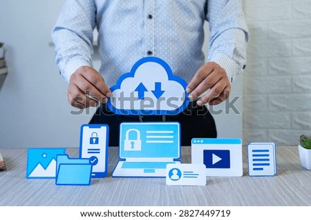 Cloud servers and databases, modern data center. Digital storage, IT, and secure data transfer support businesses. Papercut figures
