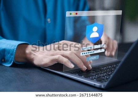 Cloud service access concept. User login, shared document, cyber security, sign in page, public folder access, editing online, data protection. Person using laptop with account login on screen.