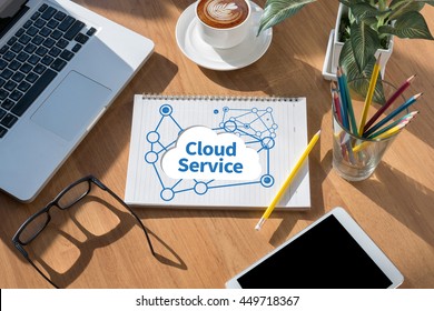 Cloud Service (Cloud Computing diagram on the new computer interface) open book on table and coffee Business