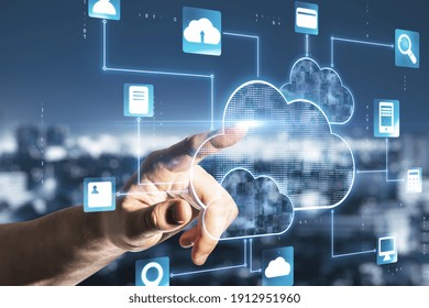 Cloud service concept with man finger touching digital screen with cloud service application icons at abstract city background