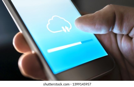 Cloud service for file storage and backup online. Data transfer in mobile phone app with modern wireless technology. Uploading, downloading or sync. Loading information to network. Computing concept.