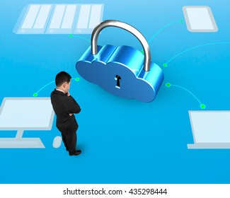 Cloud shape lock with man standing, on doodles background, 3D illustration
