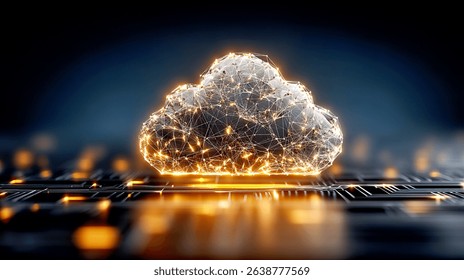 A cloud - shaped structure made of interconnected golden lines, representing cloud computing and digital networks.
