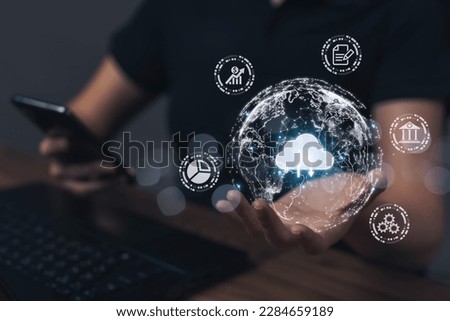 The cloud is shown in the hand of a businessman. cloud technology storage The concept of networks and internet services. Cloud-based big data downloads