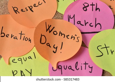 A Cloud Of Sticky Notes Of Different Colors In The Shape Of Speech Balloons With Concepts Relative To The Womens Day Written In It, Such As Equality Respect, Progress, Liberation Or Equal Pay