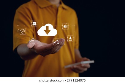 Cloud storage and AI-powered data management concept featuring secure file sharing, digital collaboration, content distribution, cloud download services, and smart connectivity solutions.