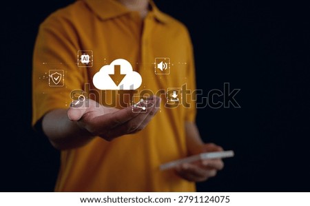 Cloud storage and AI-powered data management concept featuring secure file sharing, digital collaboration, content distribution, cloud download services, and smart connectivity solutions.