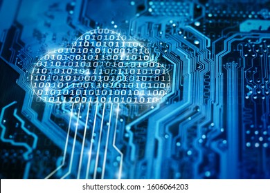 Cloud storage and cloud computing background. Data processing technology. Blue integrated circuit on background.