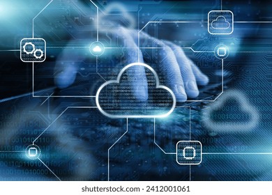 Cloud storage and cloud computing background. Data processing technology. Blue integrated circuit on background.