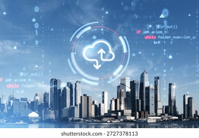 Cloud storage concept with digital interface overlay on Manhattan skyline, modern skyscrapers and blue sky background, symbolizing global file service
