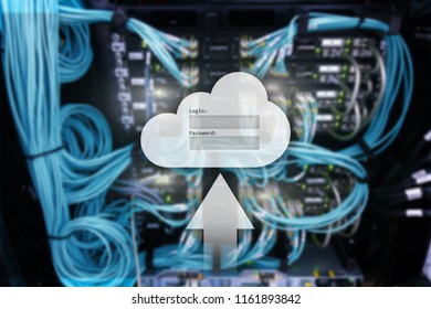 Cloud storage, data access, login and password request window on server room background. Internet and technology concept.