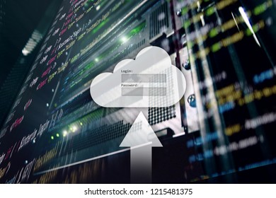 Cloud storage, data access, login and password request window on server room background. Internet and technology concept.