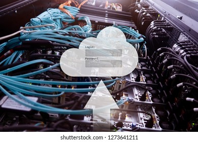 Cloud storage, data access, login and password request window on server room background. Internet and technology concept.