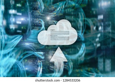 Cloud storage, data access, login and password request window on server room background. Internet and technology concept.