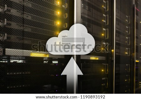 Cloud storage, data access, login and password request window on server room background. Internet and technology concept.