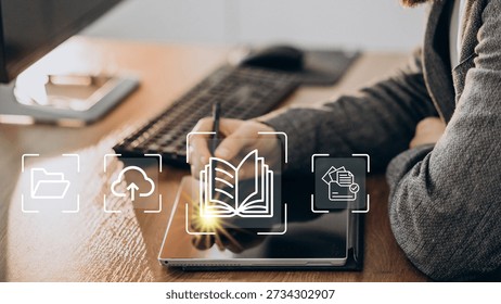 Cloud Storage and Data Organization. Man Managing Digital Folders and Books on Laptop