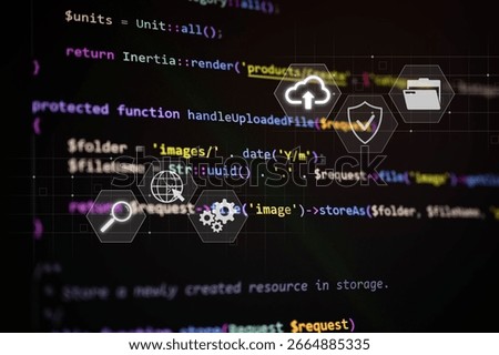 Cloud storage and data security concept over programming code background, featuring icons for upload, protection, and digital management in modern web development and technology.