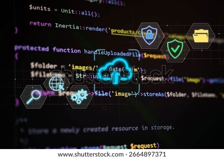 Cloud storage and data security concept over programming code background, featuring icons for upload, protection, and digital management in modern web development and technology.
