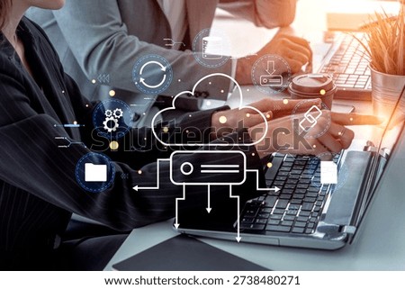 A cloud storage and data synchronization service ecosystem. A concept of cloud computing for file storage, backup, and sharing across devices. Motif