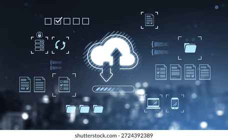 Cloud storage and data transfer concept shown with hologram icons of files, folders, and servers on a blurred cityscape background, network technology theme