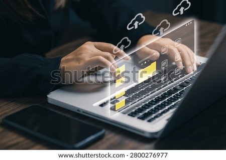 Cloud storage and digital file management concept with businesswoman using laptop, organizing folders, uploading documents, secure data backup, online collaboration, and modern cloud computing.