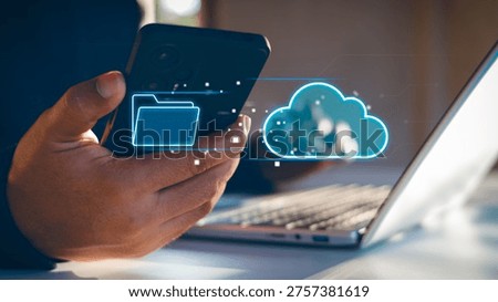 Cloud storage digital folder secure concept, Systematic data storage, access remote backup seamless management, Hand click on digital cloud folder, symbolizing secure online backup, file management