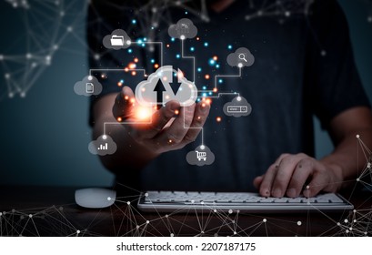 Cloud storage, Digital service data connection application network, transfers data to a server, hosting service. Web-based cloud concept. Business hands holding virtual Clouds services.