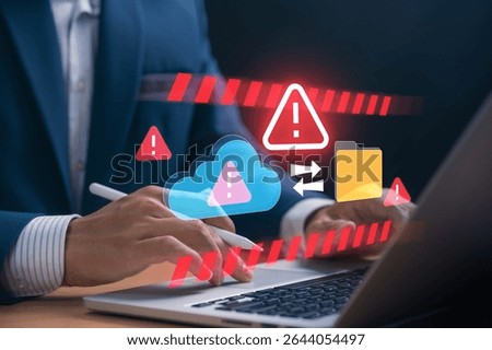 Cloud storage failure with cybersecurity warning alert symbols as business user encounters data breach risk while accessing digital folders on laptop showing system error and threat to secure.