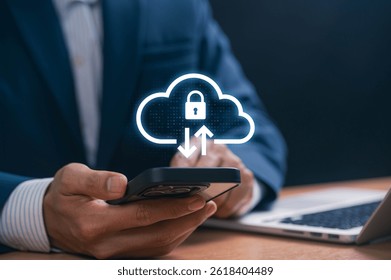 Cloud storage and security technology for mobile data protection, encrypted backup, and online access, ensuring secure remote file storage, cybersecurity and seamless digital management for business.