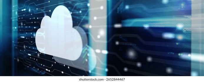 Cloud storage with server room background. Technology Business Internet.