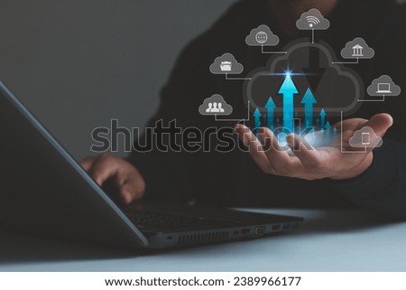 Cloud storage technology concept. digital platform service or application that transfers data to a server or hosting service. Web-based cloud network. Business people show cloud computing icon on hand