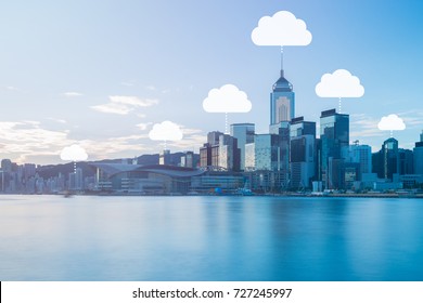 Cloud storage technology concept on modern and smart city blue tone cityscape, data communications and cloud computing network concept.