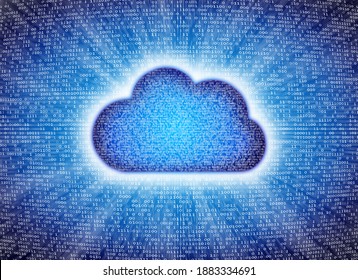 Cloud storage theme. Cloud icon with binary code all around and compressed inside. Binary numbers flowing slowly from inside to outside and from inside to inside