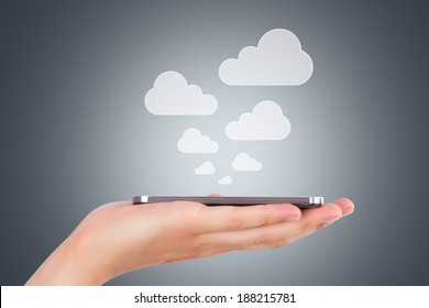 Cloud Sync Concept, Hand Holding Smart Phone With Icons.