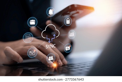 Cloud sync technology concept with smartphone and laptop showing data synchronization notification system secure file transfer communication integration and real time digital connection workflow