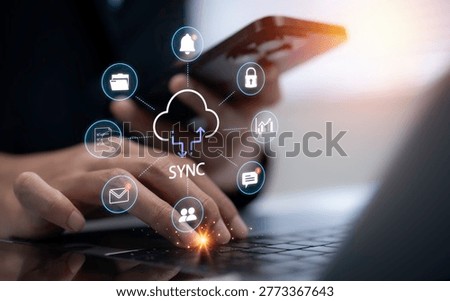 Cloud sync technology concept with smartphone and laptop showing data synchronization notification system secure file transfer communication integration and real time digital connection workflow
