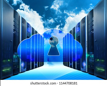 Cloud System Technology Concept on a cyber background.. Information technology concept. Conceptual image of Internet Cloud server cabinet