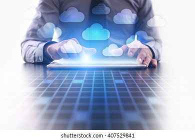 Cloud Technology. Businessman Using Modern Tablet Computer.