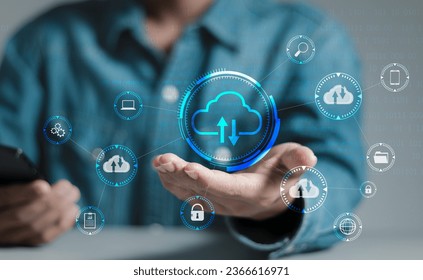 Cloud technology concept. Businessman shows cloud storage network technology icon, large network of backup platforms, online data storage for business networks with cyber security software. - Powered by Shutterstock