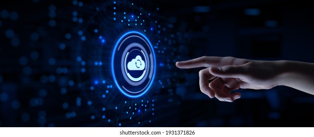 Cloud technology concept. Computing data storage. Software infrastructure. Hand pressing button.