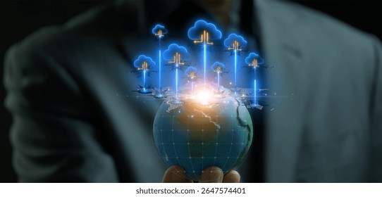 Cloud technology concept for data management system, online database storage, networking and internet service. Information system for business. Cloud computing icons on virtual screen.