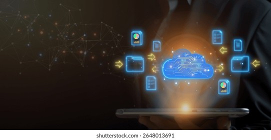 Cloud technology concept for data management system, online database storage, networking and internet service. Information system for business. Cloud computing icons on virtual screen.