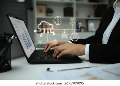 Cloud technology concept with digital storage, networking, and analytics interface in modern business