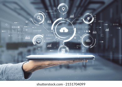 Cloud technology concept with digital tablet on human hand and virtual projection with different cloud service signs: security, loupe, computer and data on blurry office background